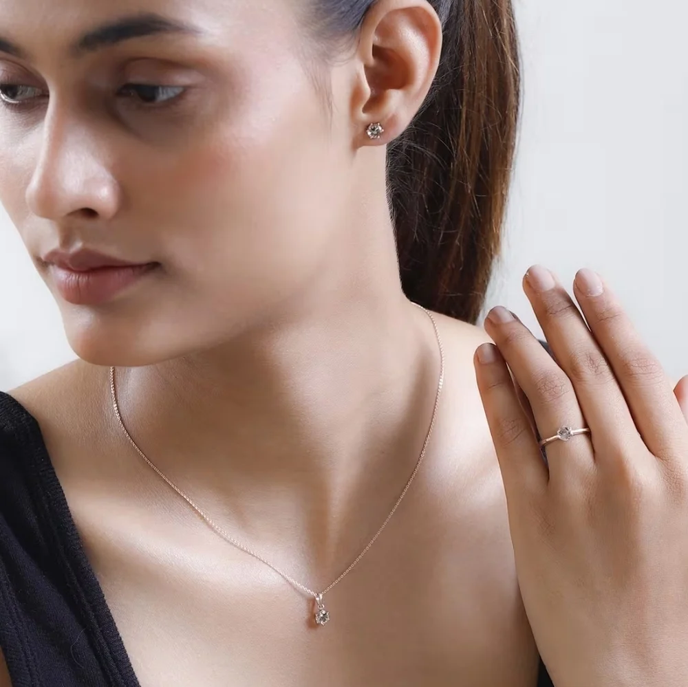 Genuine Morganite Solitaire Ring, Earrings & Necklace Set.